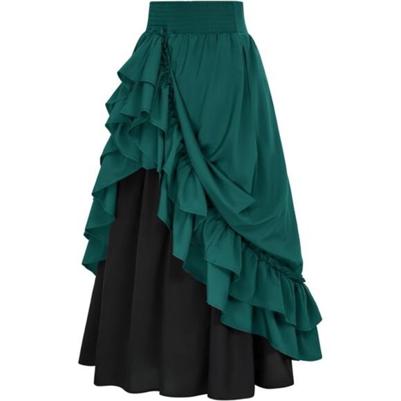 Women Renaissance Long Double-Layer Ruffle Skirt Green - Picture 1 of 6